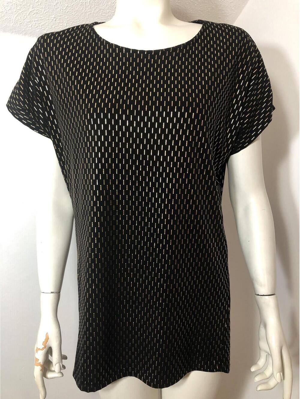 Long Tall Sally Womens XS Short Sleeve Top Black Metallic Gold Print Hi Lo Hem